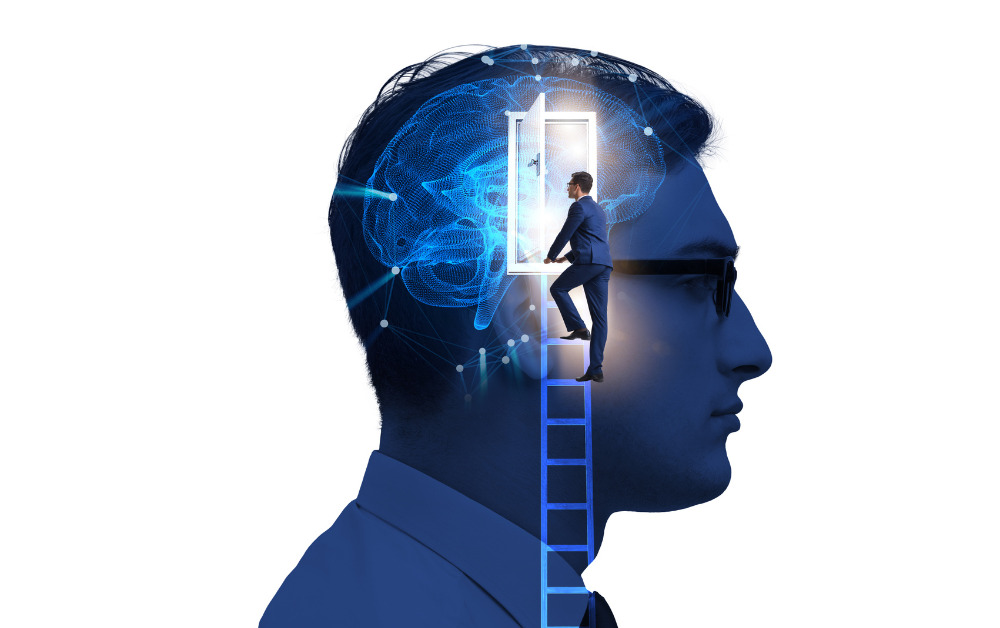 man on ladder climbing into a mans brain